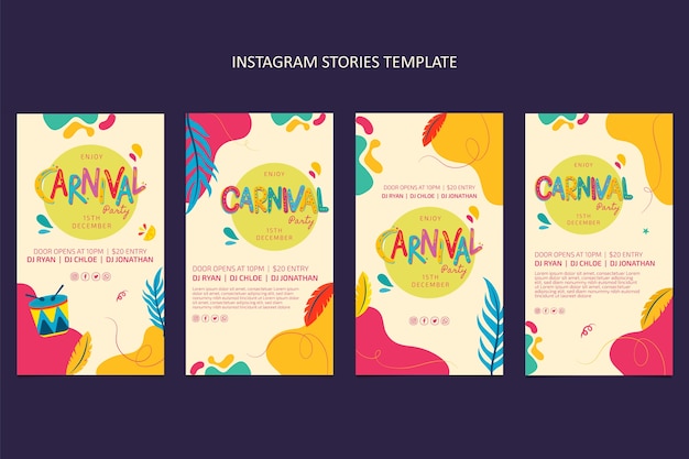 Colección de historias de instagram de carnaval en diseño plano