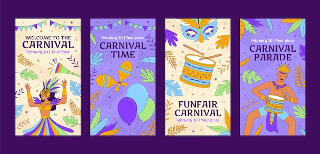 Vector colección de historias de instagram de celebración de carnaval