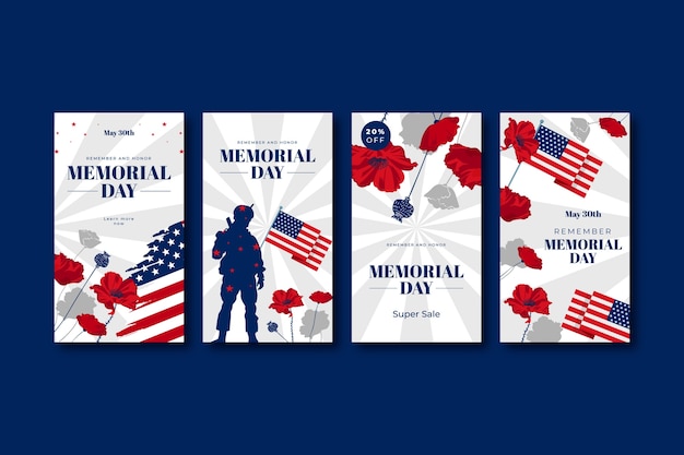 Vector colección de historias de instagram para la celebración del día conmemorativo de estados unidos