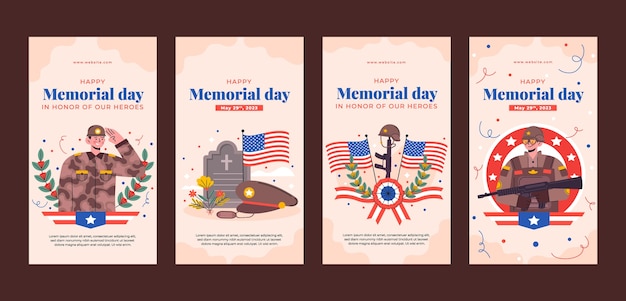 Vector colección de historias de instagram para la celebración del día conmemorativo de estados unidos