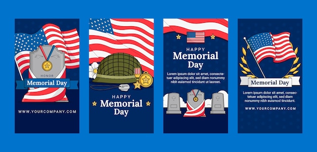 Vector colección de historias de instagram para la celebración del día conmemorativo de estados unidos