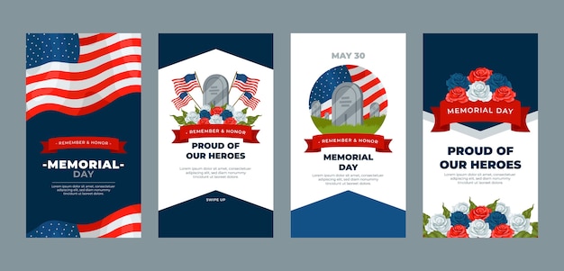 Vector colección de historias de instagram para la celebración del día conmemorativo de estados unidos