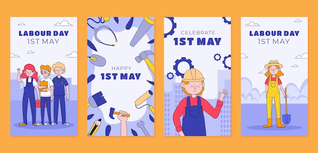 Vector colección de historias de instagram para la celebración del día del trabajo del 1 de mayo