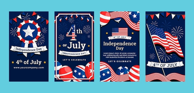 Vector colección de historias de instagram para la celebración estadounidense del 4 de julio