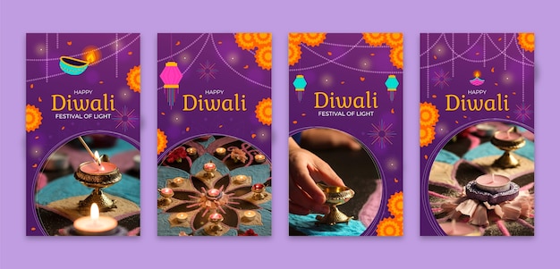 Vector colección de historias de instagram para la celebración del festival diwali.