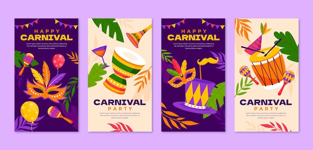 Vector colección de historias de instagram para la celebración de la fiesta del carnaval