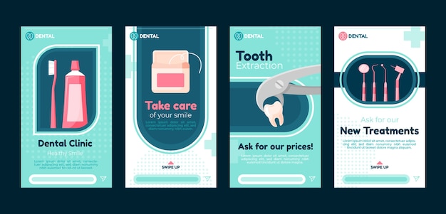 Vector colección de historias de instagram de clínica dental plana