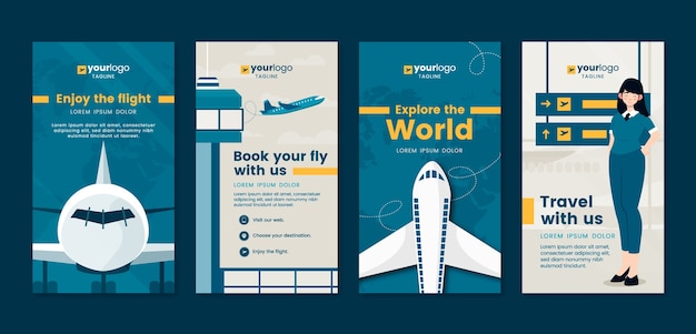 Vector colección de historias de instagram de la compañía de servicios de aerolíneas planas