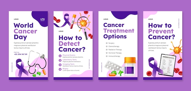 Vector colección de historias de instagram de concientización sobre el día mundial contra el cáncer