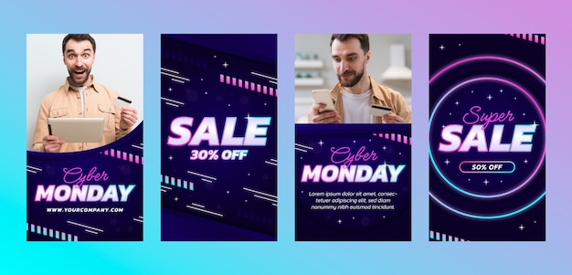 Colección de historias de instagram de cyber monday de neón degradado