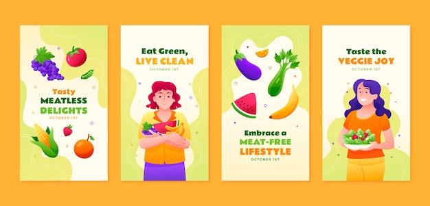 Vector colección de historias de instagram en degradado para la celebración del día mundial del vegetariano