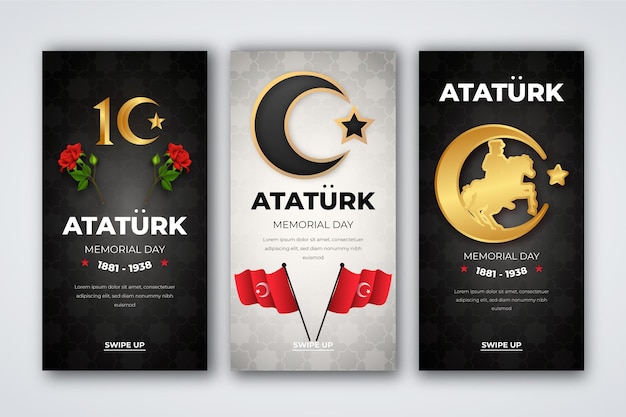 Vector colección de historias de instagram del día conmemorativo de ataturk realista