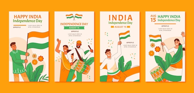 Colección de historias de instagram del día de la independencia de india dibujadas a mano