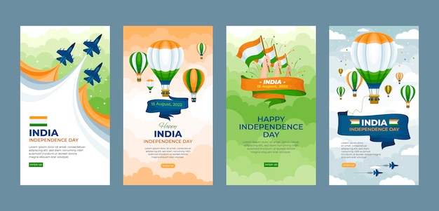 Vector colección de historias de instagram del día de la independencia de india plana