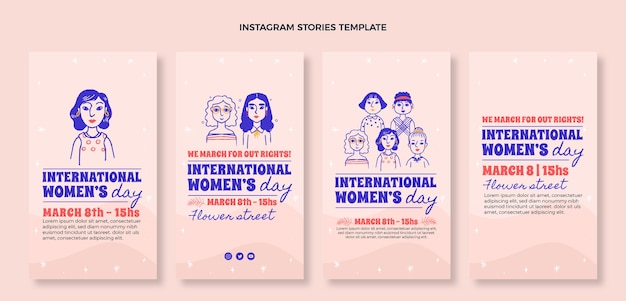 Vector colección de historias de instagram del día internacional de la mujer dibujadas a mano