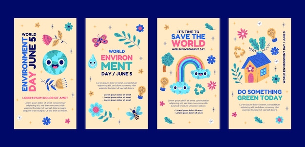 Vector colección de historias de instagram del día mundial del medio ambiente dibujadas a mano