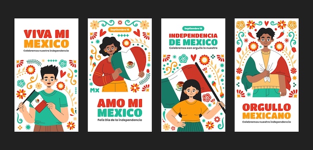 Vector colección de historias de instagram dibujadas a mano para la celebración del día de la independencia de méxico