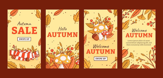 Vector colección de historias de instagram dibujadas a mano para la celebración de otoño