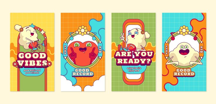 Colección de historias de Instagram de dibujos animados de buenas vibraciones dibujadas a mano