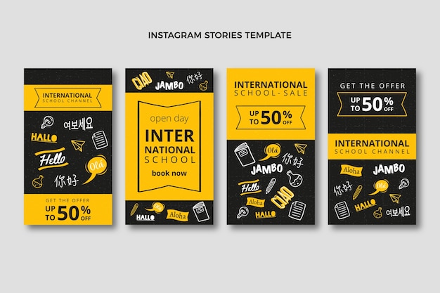 Vector colección de historias de instagram de la escuela internacional de texturas dibujadas a mano