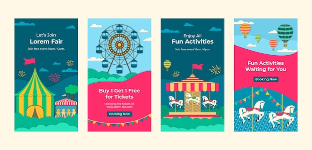 Colección de historias de instagram del festival de feria y parque de atracciones