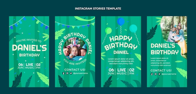 Vector colección de historias de instagram de fiesta de cumpleaños de jungla plana