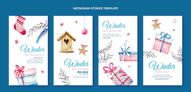 Colección de historias de instagram de invierno en acuarela