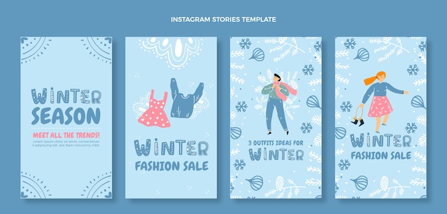 Colección de historias de instagram de invierno dibujadas a mano