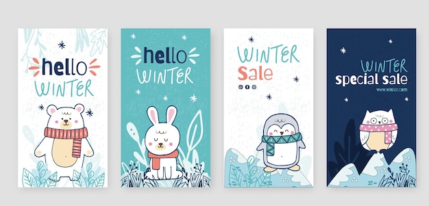 Vector colección de historias de instagram de invierno dibujadas a mano