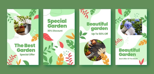 Vector colección de historias de instagram de jardinería plana