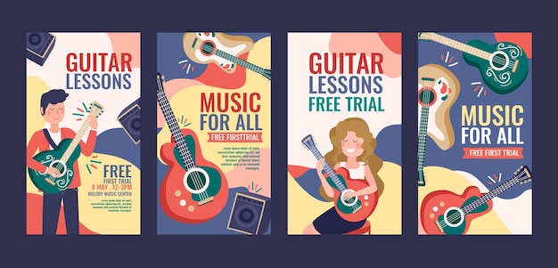 Vector colección de historias de instagram de lecciones de guitarra dibujadas a mano