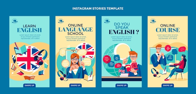 Vector colección de historias de instagram de lecciones de inglés planas