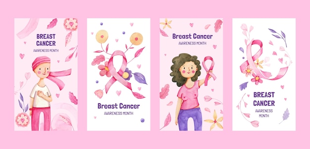 Colección de historias de instagram del mes de concientización sobre el cáncer de mama en acuarela