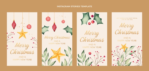 Colección de historias de instagram navideñas en acuarela