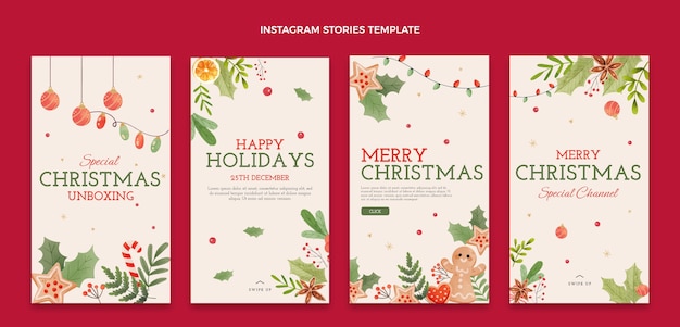 Vector colección de historias de instagram navideñas en acuarela