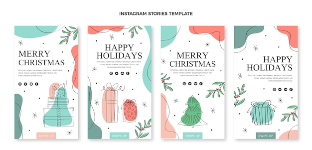 Colección de historias de instagram navideñas planas dibujadas a mano