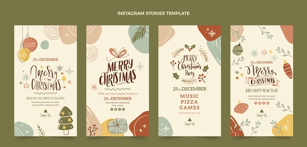 Colección de historias de instagram navideñas planas dibujadas a mano