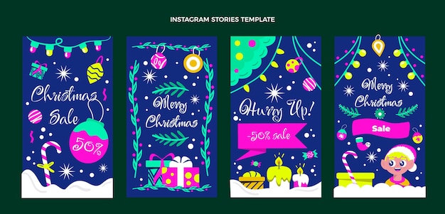 Vector colección de historias de instagram navideñas planas dibujadas a mano