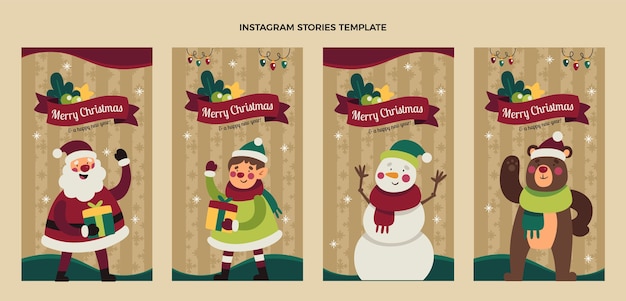 Vector colección de historias de instagram navideñas planas dibujadas a mano