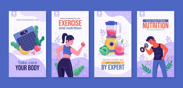 Vector colección de historias de instagram de nutrición de salud y fitness
