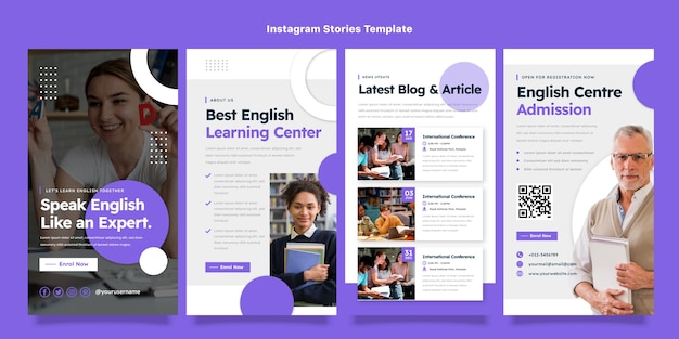 Vector colección de historias de instagram planas para lecciones de aprendizaje de inglés