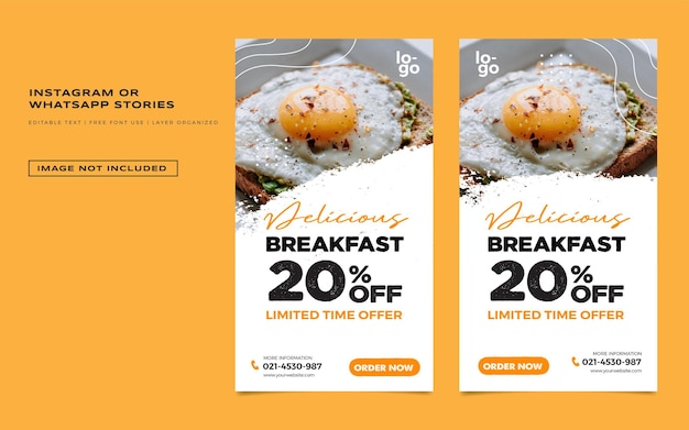 Colección de historias de instagram para promoción de restaurante de desayuno con vector premium