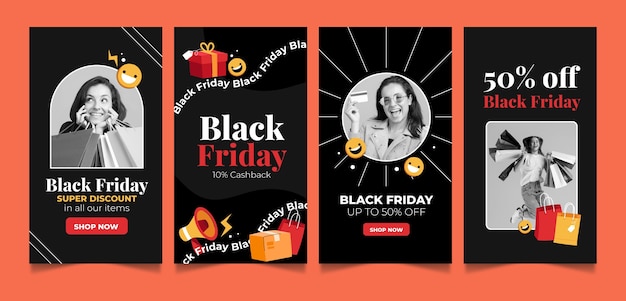 Vector colección de historias de instagram para las rebajas del black friday.