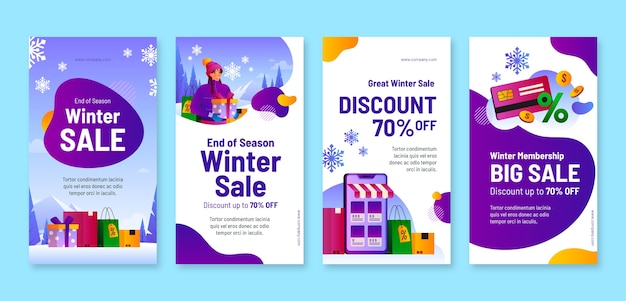 Vector colección de historias de instagram de rebajas de invierno degradado