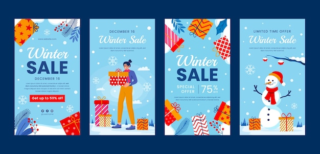 Vector colección de historias de instagram de rebajas de temporada de invierno