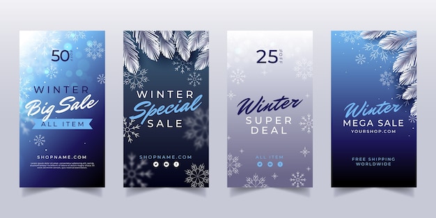 Vector colección de historias de instagram de rebajas de temporada de invierno