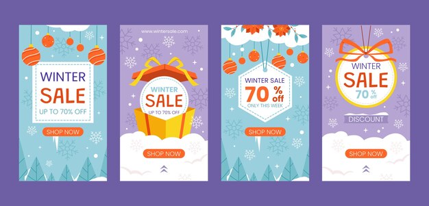 Vector colección de historias de instagram de rebajas de temporada de invierno