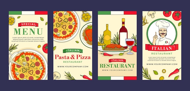 Vector colección de historias de instagram para restaurante de comida tradicional italiana