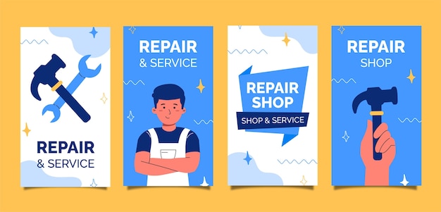 Colección de historias de instagram de servicios de taller de reparación de automóviles planos