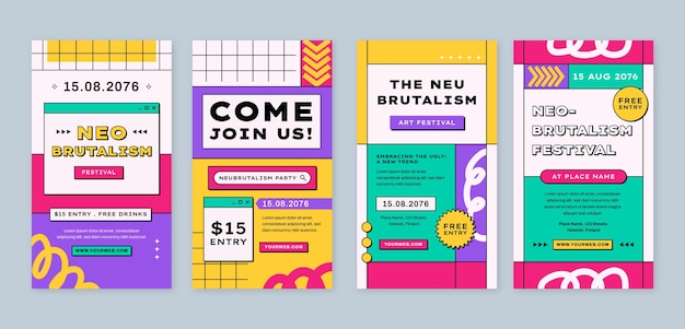 Colección de historias de Instagram sobre el neo-brutalismo plano